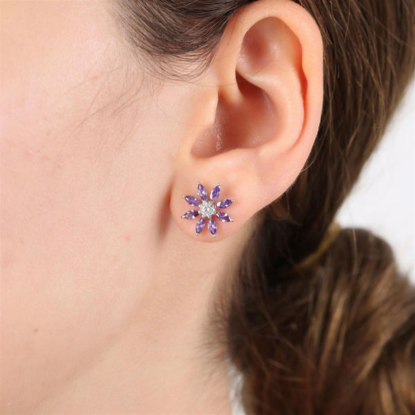 Violet Sunburst Stud Silver Earrings