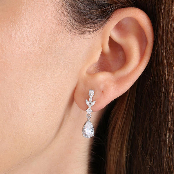 Crystal Vine Teardrop Drop Silver Earrings