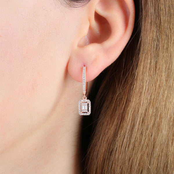 Crystal Baguette Halo Drop Earrings In Rose Gold