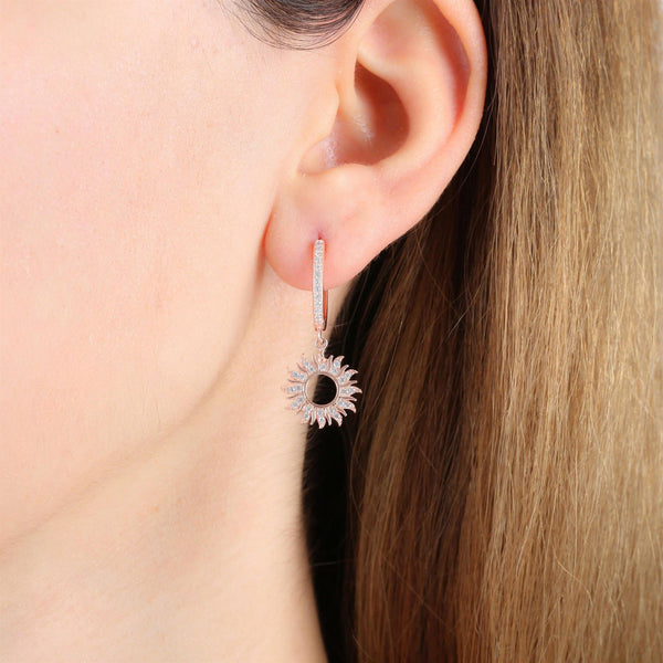 Sunburst Halo Drop Earrings In Rose Gold