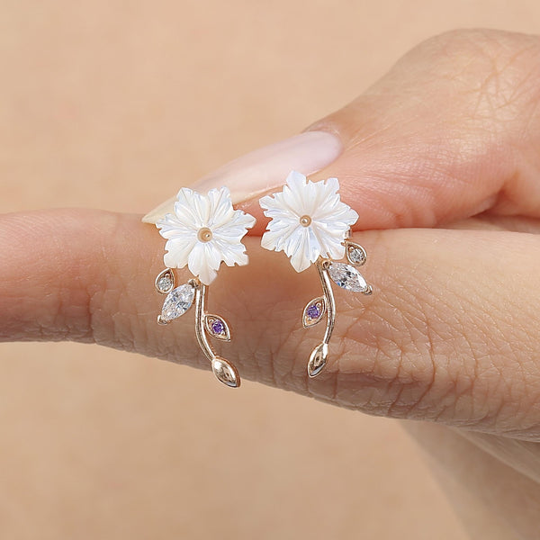 Magnolia Flower Vine Stud Earrings In Rose Gold