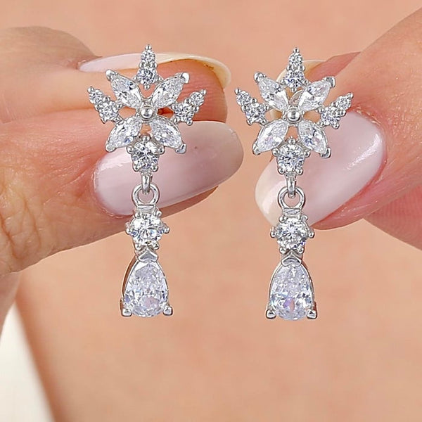 Crystal Sunburst Teardrop Silver Earrings