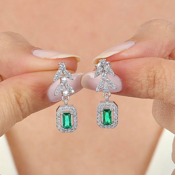 Emerald Vine Halo Drop Silver Earrings