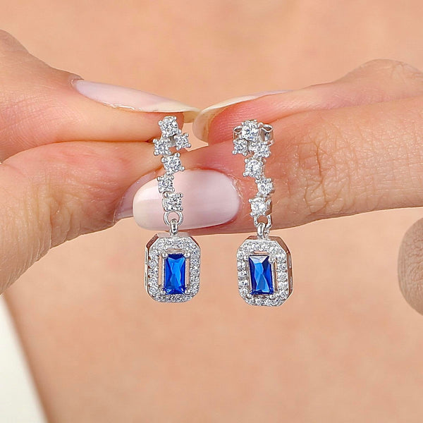 Midnight Sapphire Halo Drop Silver Earrings