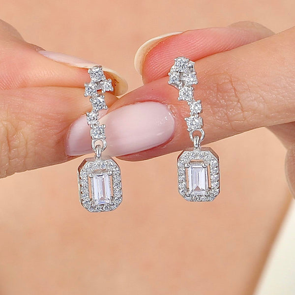 Ice Halo Baguette Drop Silver Earrings