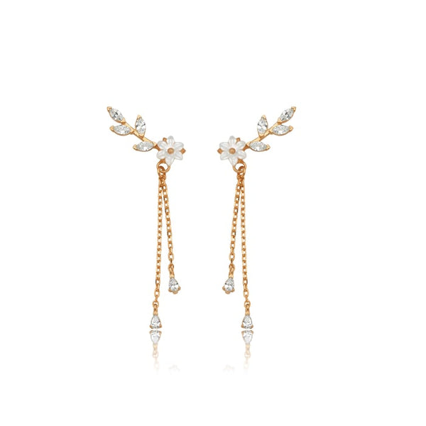 Magnolia Flower Vine Drop Earrings In Rose Gold