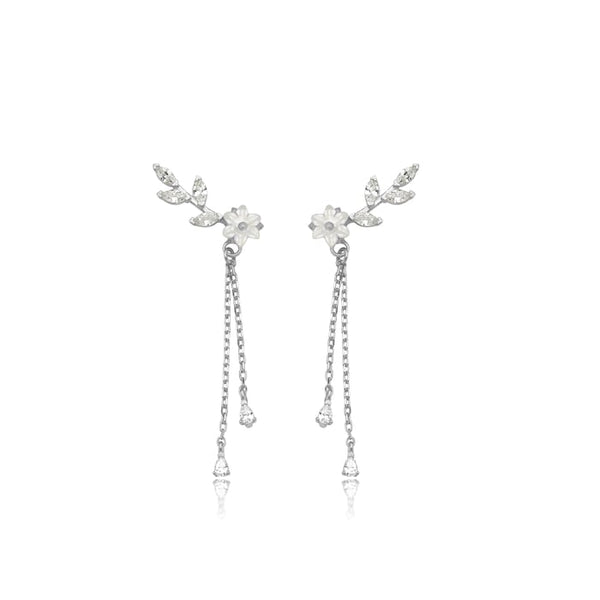 Magnolia Flower Vine Drop Silver Earrings