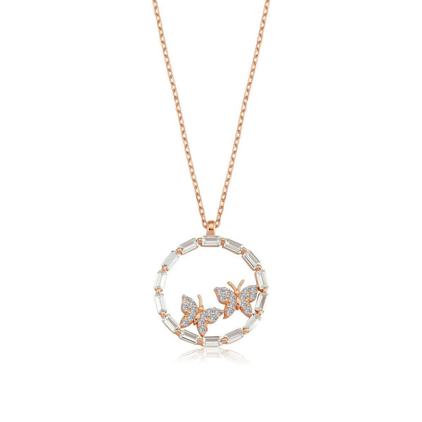 Baguette Halo Butterfly Necklace In Rose Gold