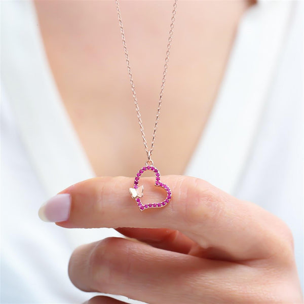 Sparkling Heart & Butterfly Necklace In Rose Gold