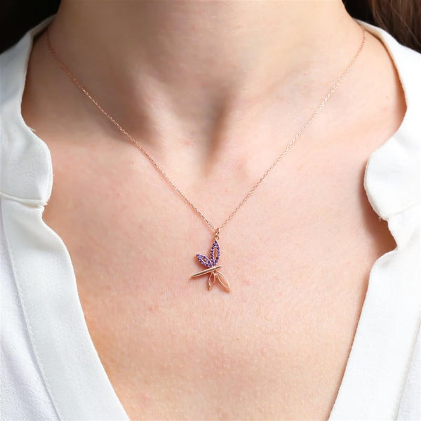 Amethyst Dragonfly Flight Necklace In Rose Gold