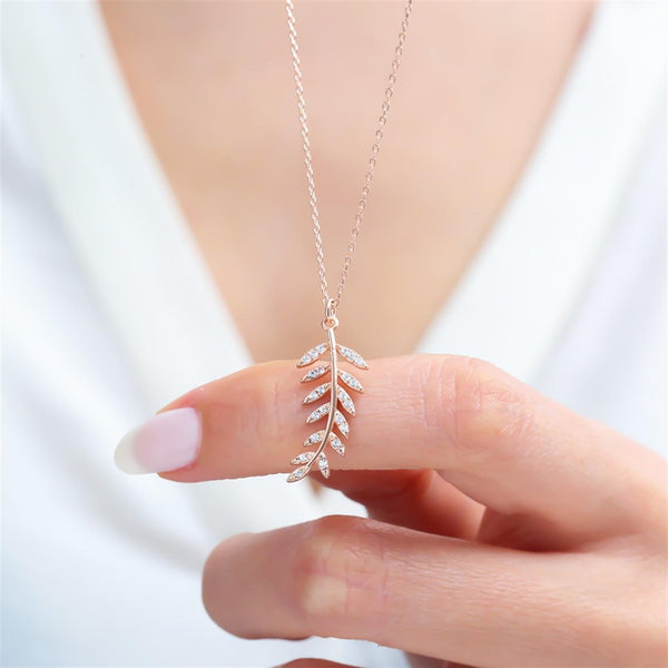 Sparkling Laurel Leaf Necklace In Rose Gold