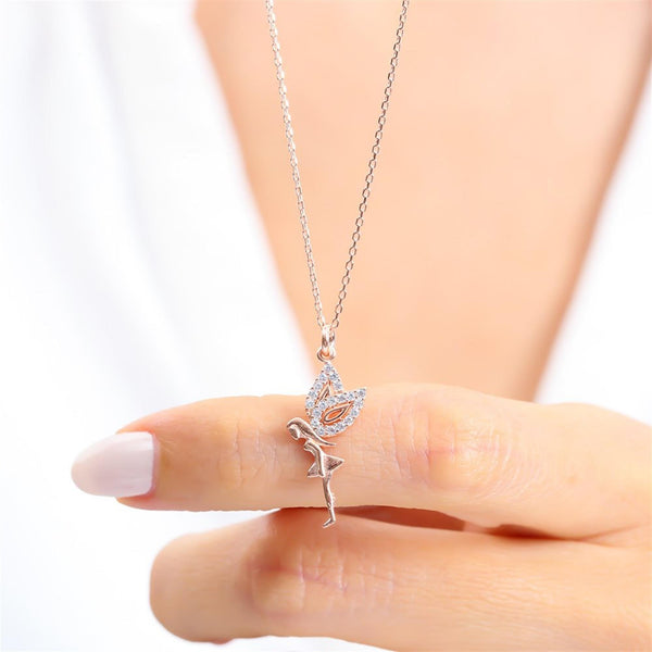 Sparkling Winged Fairy Necklace In Rose Gold
