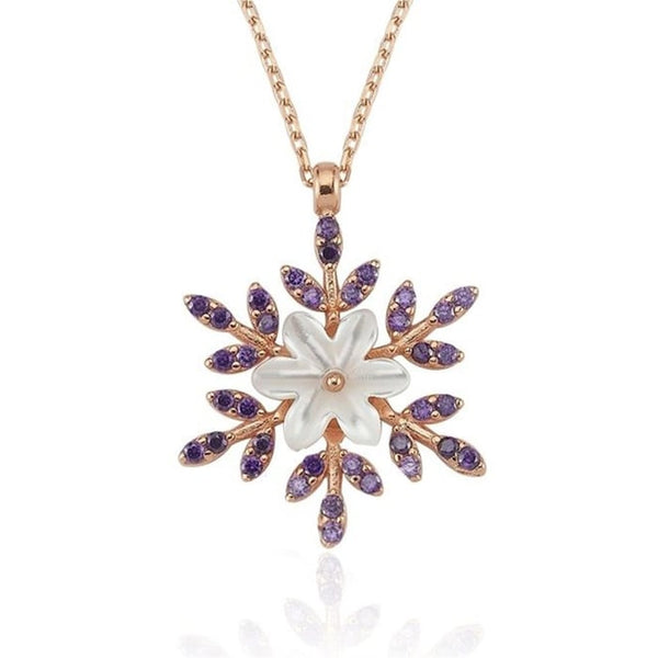 Purple Amethyst Snowflake Flower Necklace In Rose Gold