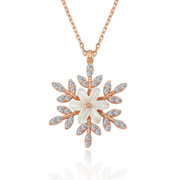 Crystal Snowflake Flower Necklace In Rose Gold