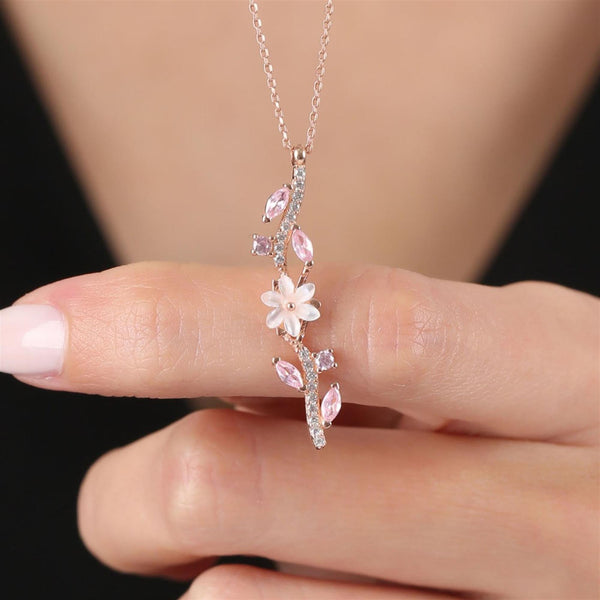 Pink Magnolia Flower Vine Necklace In Rose Gold