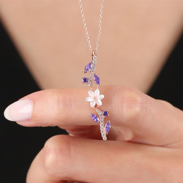 Purple Magnolia Flower Vine Necklace In Rose Gold