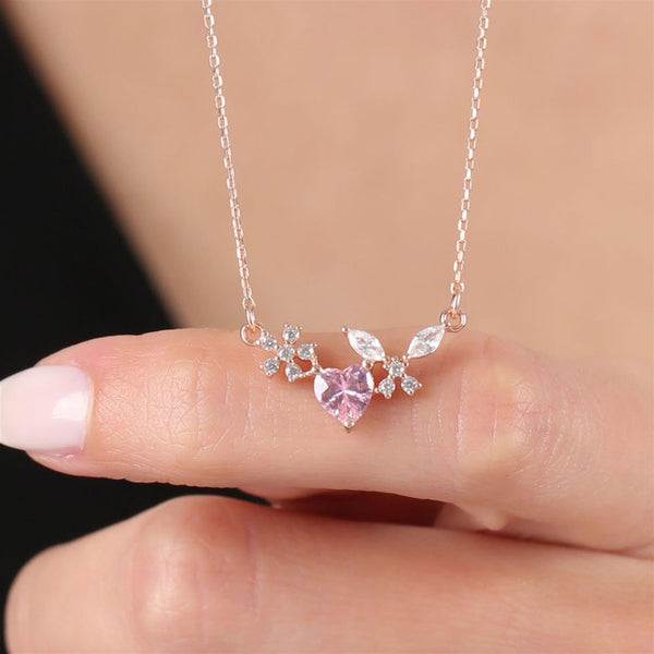 Sparkling Butterfly Heart Blossom Necklace In Rose Gold