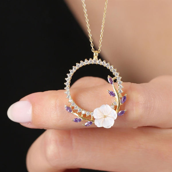 Amethyst Magnolia Flower Crown Necklace In Gold