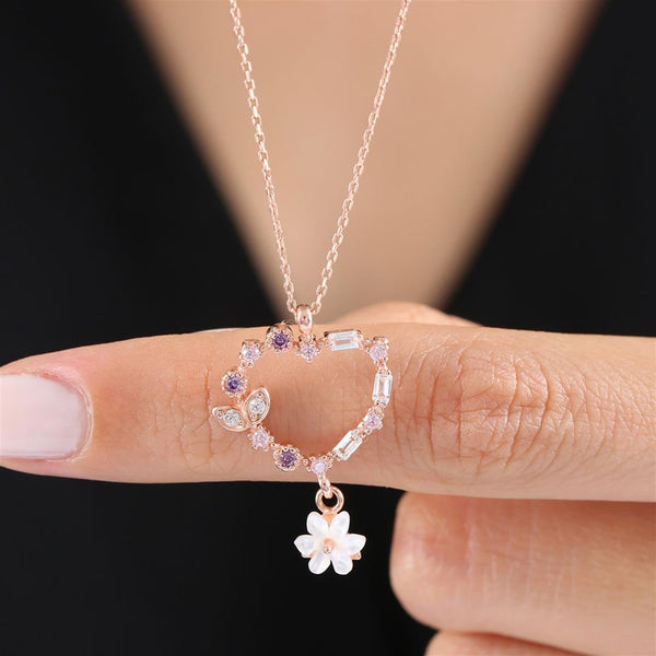 Magnolia Flower Heart Drop Necklace In Rose Gold