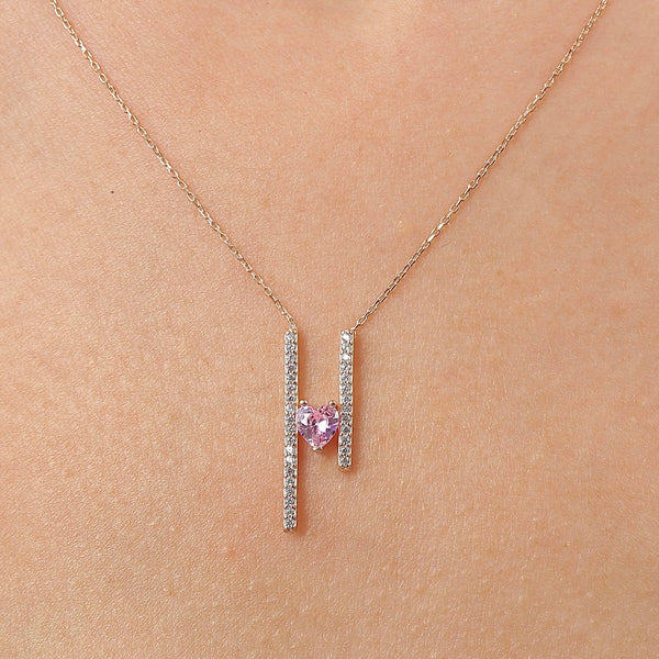 Pink-Heart Path Bar Necklace In Rose Gold