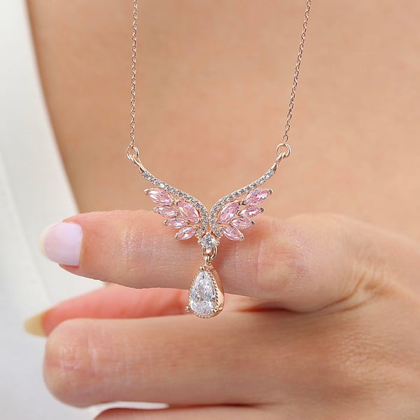 Pink Angel Wing Teardrop Necklace In Rose Gold