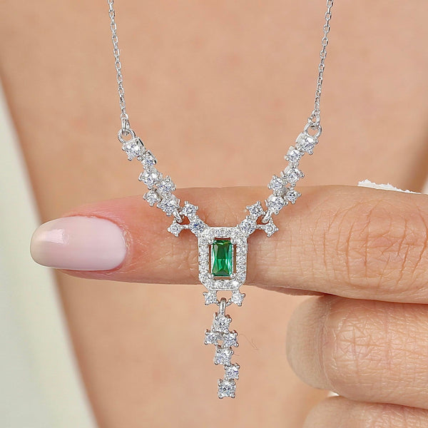 Emerald Halo Cascade Necklace In Silver