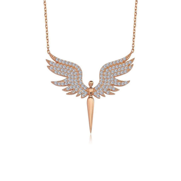 Zirconia Angel Wing Necklace In Rose Gold
