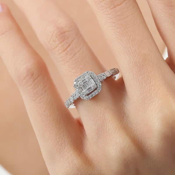 Art-Deco Baguette Halo Silver Ring